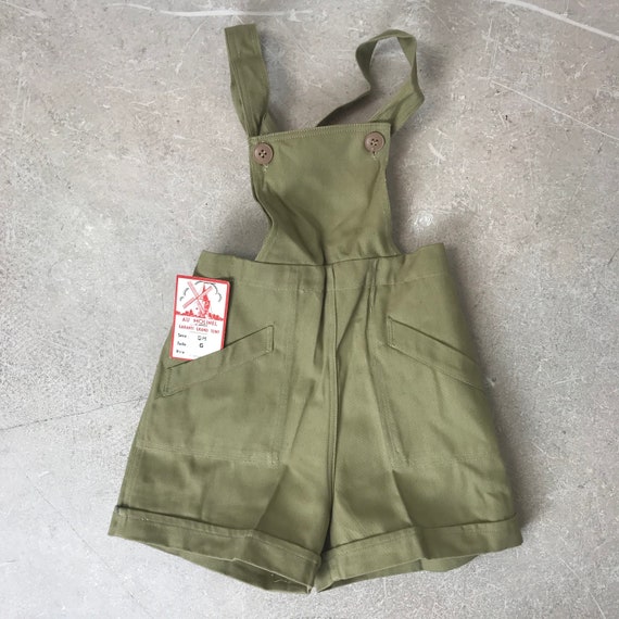 children's french overall shorts, soft khaki green - image 2