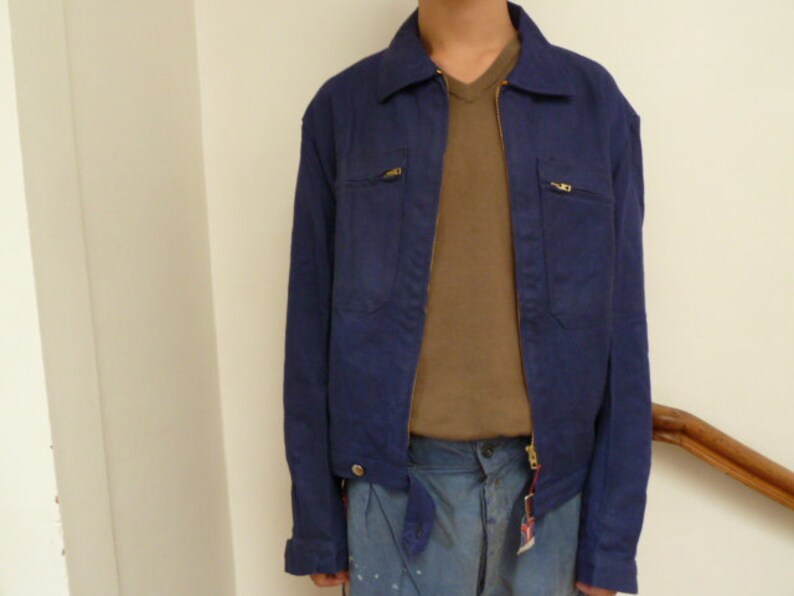 french workwear jacket denim jacket bomber jacket vintage chore jacket indigo 50s 60s denim deadstock workwear french Bleu de Travail