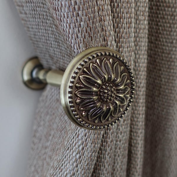 Curtain Tie Backs - Flower Aged Vintage Curtain Tie Back Hooks, Metal Curtain Holdbacks, Antique Brass | Gold | White | Black | Curtain Ties