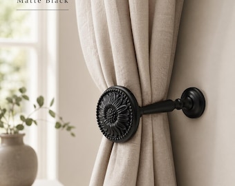 Matt Black Flower Metal Curtain Holdback – 120mm Tieback, Pullback, Drapery Holder, Curtain Tie (Set of 1)