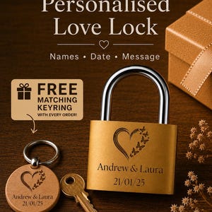 Personalised Engraved Love Padlock, Free Keyring Custom Heart Lock With Key, Wedding Anniversary Gift for Couples, Holiday, Free Gift box