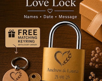 Personalised Engraved Love Padlock, Free Keyring Custom Heart Lock With Key, Wedding Anniversary Gift for Couples, Holiday, Free Gift box