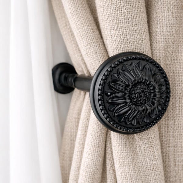 Matt Black Flower Metal Curtain Holdback – 120mm Tieback, Pullback, Drapery Holder, Curtain Tie (Single Holdback)