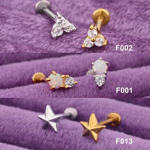 Hypoallergenic Flat Back Earrings Set, Star/Trinity CZ/Opal Labret Studs Gold, Titanium Earrings for Helix Tragus Conch Cartilage Piercing