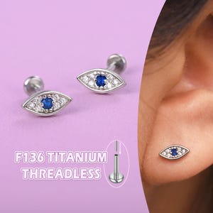 Pendientes de titanio con forma de ojo turco y parte trasera plana – Pendientes hipoalergénicos para narices, joyería para piercings de cartílago, hélix, concha y tragus sin rosca
