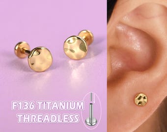 Hammered Dot Stud Earrings, Flat Back Earrings 14K Gold/Silver, Titanium Studs for Tragus Helix Conch Piercing, Labret Jewelry 20g/18g/16g