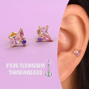 Crystal Pink Toi et Moi Earrings – Gold Titanium Flat Back Studs, Threadless Nap Earrings for Cartilage Helix Tragus Conch