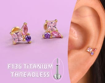 Crystal Pink Toi et Moi Earrings – Gold Titanium Flat Back Studs, Threadless Nap Earrings for Cartilage Helix Tragus Conch
