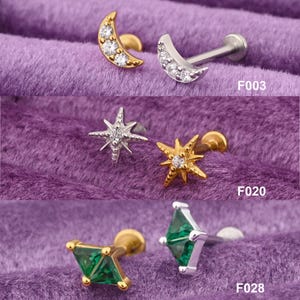 Zierliche Mond/Oktagramm/Smaragd Titan Ohrstecker für Frauen, fadenlose Ohrringe mit flacher Rückseite, Helix/Tragus/Conch Ohrring, Labret 20g/18g