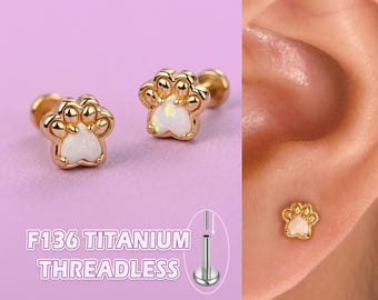 925 Silver Paw Stud Earrings for Women Girls, G23 Titanium Flat Back Earrings 20g/18g/16g for Helix Conch Tragus, Adorable Jewelry Gift