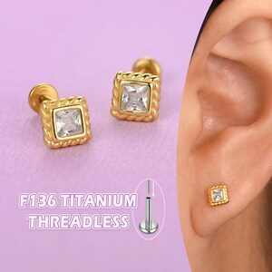 Stylish Titanium Flat Piercing Jewelry, 14K Gold Square CZ Studs, Threadless Labret 20g/16g, Cartilage Tragus Helix Conch Earring 18g
