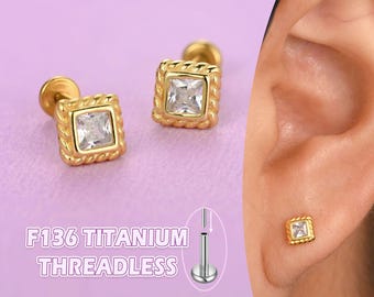 14K Gold Square CZ Stud Earring: Titanium Labret, Tragus, Helix, Conch