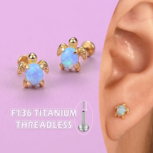 Boucles d'oreilles en titane et opale bleue à dos plat - Boucles d'oreilles hypoallergéniques et imperméables pour la sieste - Bijoux de piercing hélix cartilagineux sans filetage