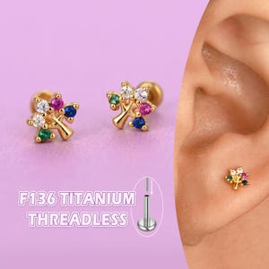 Tree of Life Stud Earrings: Cubic Zirconia, Titanium Flat Back, 20g/18g/16g