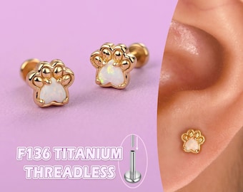Implant Grade Titanium Cat Paw Print Opal Nap Earrings – Tiny Flat Back Studs, Hypoallergenic Cartilage Helix Conch Piercing Jewelry