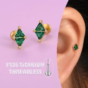 Titanium emerald oorknopjes: kraakbeenpiercing zonder schroefdraad, ASTM F136