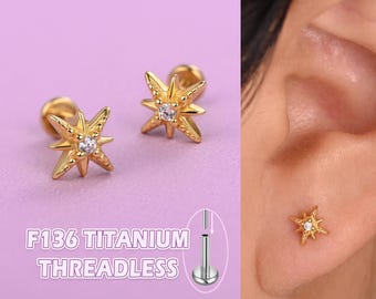 Hypoallergenic Octagram Stud Earrings for Women, Threadless Flat Back Earrings Sterling Silver, Helix/Tragus/Conch Piercing Jewelry Gold