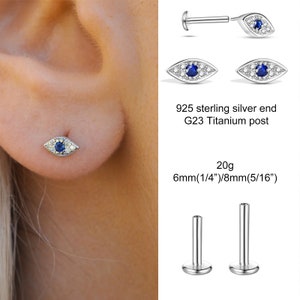 Tiny Evil Eye Earrings, Flat Back Earrings 20g, Helix Tragus Conch Earring, Stud Earrings for Women, Threadless End with Titanium Post