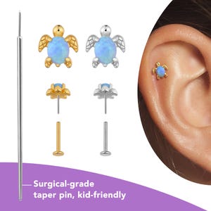 Blue Opal Sea Turtle Stud Earrings, Helix/Conch/Cartilage Earring, Titanium Flat Back Earrings Gold, Threadless Labret Jewelry 20g/18g/16g