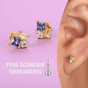 Tanzanite Blue Titanium Toi et Moi Earrings – Flat Back Studs, Hypoallergenic Nap Earrings, Cartilage Helix Tragus Conch Jewelry