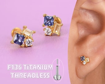 Cluster Stud Earrings for Women, Titanium Flat Back Earrings, Cartilage Tragus Helix Conch Piercing for Sensitive Ears, Threadless Labret