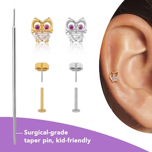 Pendientes de búho para mujer, de plata, con parte trasera plana, de titanio, para cartílago, de oro, para piercing de hélice o caracola, sin rosca, de 20 g, 18 g o 16 g