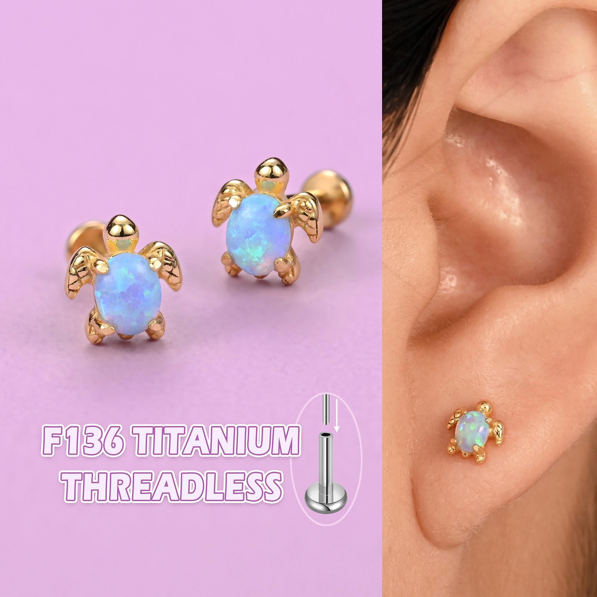 Blue Opal Sea Turtle Stud Earrings, Helix/Conch/Cartilage Earring, Titanium Flat Back Earrings Gold, Threadless silver Jewelry 20g/18g/16g