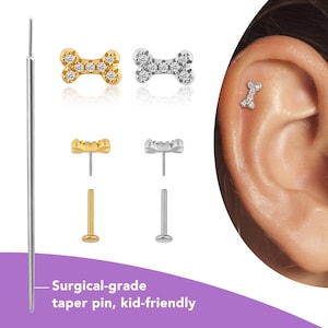 Sterling Silver Dog Bone Earrings, 16g/18g/20g Labret Jewelry Gold, Titanium Flat Back Earrings for Helix Conch, Cartilage Piercing Studs