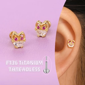 Sterling Silver Owl Stud Earrings: Titanium Post, 20g/18g/16g