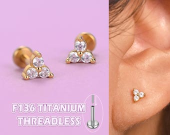 G23 Titanium Flat Back Earrings 16g/18g/20g, Tragus/Helix/Conch/Cartilage Earring Gold, Tiny CZ Stud Earrings for Women, Nap Earrings Silver