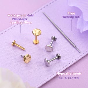 Gold Hammered Dot Flat Back Studs – Titanium Nap Earrings, Threadless Hypoallergenic Cartilage Helix Conch Tragus Jewelry image 2