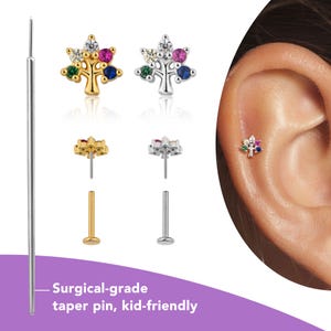 Colored Tree of Life Stud Earrings, Threadless Labret Studs 20g/18g/16g, Gold Flat Back Earrings, Titanium Helix/Conch/Cartilage Earring