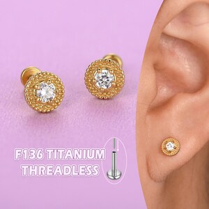 Hypoallergenic Titanium Flat Back Earring: 14K Gold & Rhodium Plated CZ Cartilage Piercing