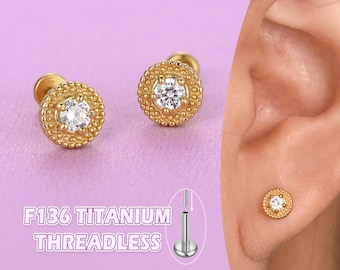 Hypoallergenic Titanium Flat Back Earring: 14K Gold & Rhodium Plated CZ Cartilage Piercing