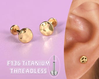 Gold Hammered Dot Flat Back Studs – Titanium Nap Earrings, Threadless Hypoallergenic Cartilage Helix Conch Tragus Jewelry