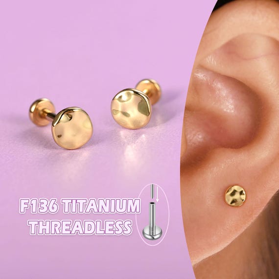 Gold Hammered Dot Flat Back Studs – Titanium Nap Earrings, Threadless Hypoallergenic Cartilage Helix Conch Tragus Jewelry