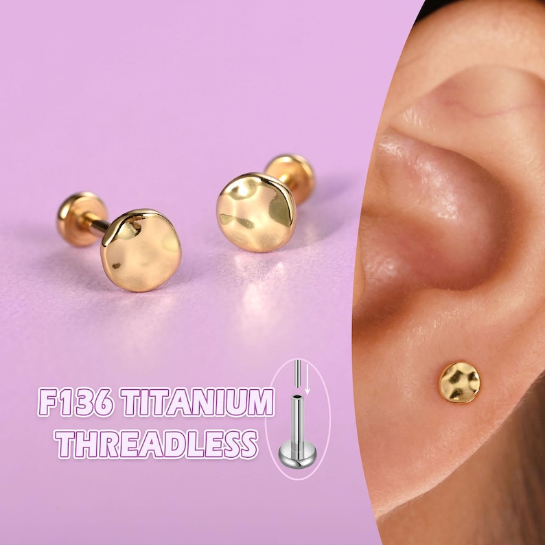 Gold Hammered Dot Flat Back Studs – Titanium Nap Earrings, Threadless Hypoallergenic Cartilage Helix Conch Tragus Jewelry image 1