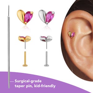 Pink Heart Stud Earrings Hypoallergenic, Helix Tragus Conch Piercing Jewelry, Titanium Flat Back Cartilage Earring 20g/18g/16g, Nap Earrings