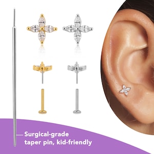 Flower Marquise CZ Studs, Titanium Earrings for Helix Tragus Conch Piercing, 16g/18g/20g Cartilage Earring Flat Back, Push Pin Labret Gold