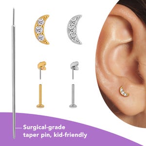 Tiny Moon Stud Earrings, 20g Flat Back Cartilage Earrings Gold, 18g Conch Tragus Helix Earring, 16g Labret Piercing Stud, Nap Earrings