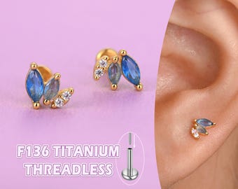 Titanium Flat Back Labret Stud: Marquise CZ, Conch, Helix, Tragus Piercing