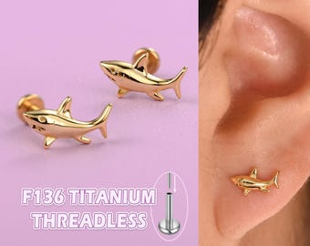 925 Silver Shark Stud Earrings, Flat Back Earrings Gold, Titanium Cartilage Earring Studs, Helix/Conch Piercing,  Labret Jewelry 20g/18g/16g
