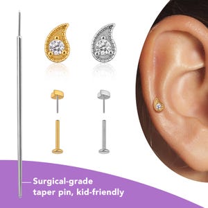 Dainty Teardrop Flat Back Stud Earrings Gold, Push Pin Labret 20g/18g/16g, Titanium Earrings Silver, Helix Conch Tragus Cartilage Piercing