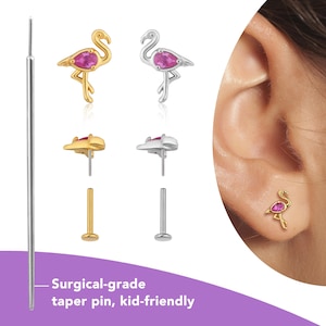 Flamingo Titanium Stud Earrings for Women, Cartilage Flat Back Earrings Hypoallergenic, Nap Earrings Silver, Helix Conch Piercing 20g/18g