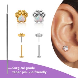 925 Silver Paw Stud Earrings for Women Girls, G23 Titanium Flat Back Earrings 20g/18g/16g for Helix Conch Tragus, Adorable Jewelry Gift