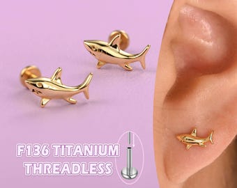 Gold Shark Earrings – Titanium Flat Back Studs, Nap Earrings, Hypoallergenic Cartilage Jewelry, Unique Shark Gift