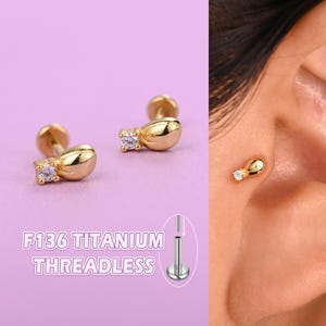 Implant Grade Titanium Flat Back Stud Earrings Hypoallergenic, Threadless Labret 16g/18g/20g, Tragus/Helix/Conch/ Cartilage Earring 14K Gold