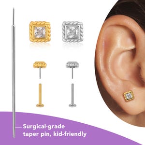 Stylish Titanium Flat Piercing Jewelry, 14K Gold Square CZ Studs, Threadless Labret 20g/16g, Cartilage Tragus Helix Conch Earring 18g