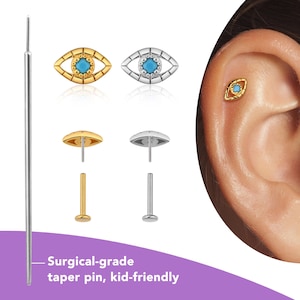 Turquoise Evil Eye Earrings, Titanium Flat Back Stud Earrings Gold, Threadless Jewelry, Tragus Helix Conch Cartilage Earrings 20g/18g/16g