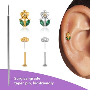 Dainty Flower Titanium Stud Earrings for Women Girls, Push Pin Labret 20g, Flat Back Helix Conch Earring 18g, Cartilage Piercing Jewelry 16g